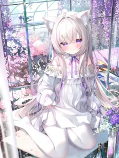 可爱卡通女孩 猫女 银发 白丝 窗户 高清动漫壁纸