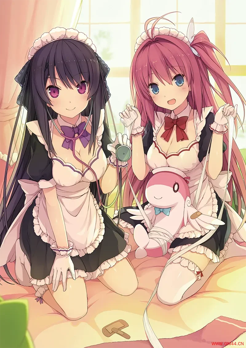 卡通 可爱 双胞胎 红眼睛 蓝眼睛 女仆装 恐龙玩偶 动漫美少女壁纸