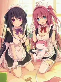 卡通 可爱 双胞胎 红眼睛 蓝眼睛 女仆装 恐龙玩偶 动漫美少女壁纸