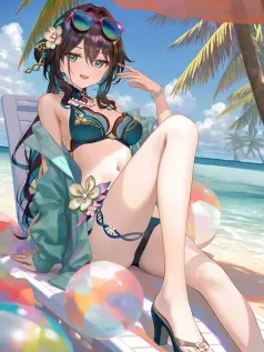 黑发 妹子 海滩 遮阳伞 日光浴 卡通动漫手机壁纸