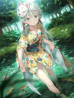 美少女 精灵 可爱 面具 趟水 绿眼睛 可爱动漫手机壁纸