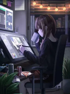 暗色 咖啡 美少女 工作 绘画 卡通美少女手机壁纸