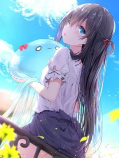 美少女 回眸 蓝天 水母 鲜花 长发 可爱卡通手机壁纸