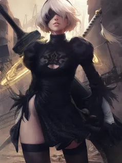 2B小姐姐 游戏 黑衣 银发 双刀 高清手机壁纸