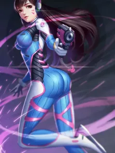 守望先锋D.Va 同人立绘 蓝粉作战服 电竞少女 高清手机壁纸