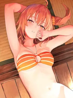 橙条比基尼少女手机壁纸 双马尾卷翘 眸光慵懒 夏日屏幕甜辣氛围