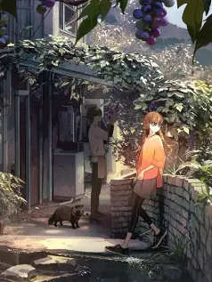 庭院葡萄下的温馨时光 唯美动漫插画手机壁纸