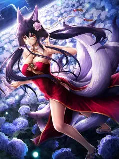 阿狸九尾妖狐皮肤手机壁纸 梦幻紫花丛中的绝美瞬间