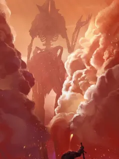 末日橙雾中巨影 废墟战士与神秘巨像的对峙 暗黑幻想风手机壁纸