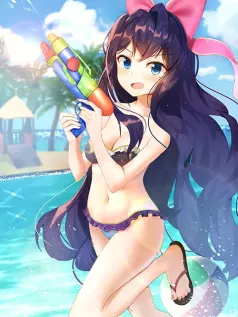 碧海晴空下的玩水精灵 紫发少女沙滩嬉戏活力手机壁纸