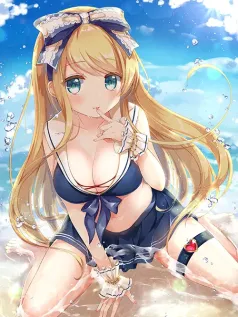 晴空碧海间的俏皮密语 金发少女沙滩涟漪治愈手机壁纸