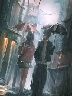 雨巷灯晕里的并肩絮语 少年少女撑伞时的湿润心动手机壁纸