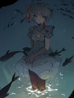 灰蓝裙摆里的深海私语 银发少女与鱼群共舞的幽光手机壁纸