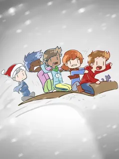 雪地上的「雪橇大作战」五个伙伴的冬日欢笑协奏曲手机壁纸