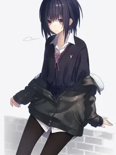 砖墙前的「外套小剧场」黑发少女的日常慵懒手机壁纸