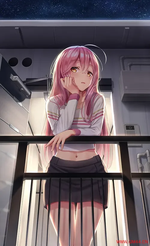 星夜露台 月光心事 粉发少女倚栏的温柔遐想手机壁纸