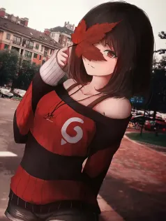 少女与秋日街角的温柔邂逅 红黑露肩毛衣里的静谧手机壁纸