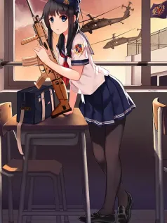 水手服少女与步枪的黄昏守望手机壁纸